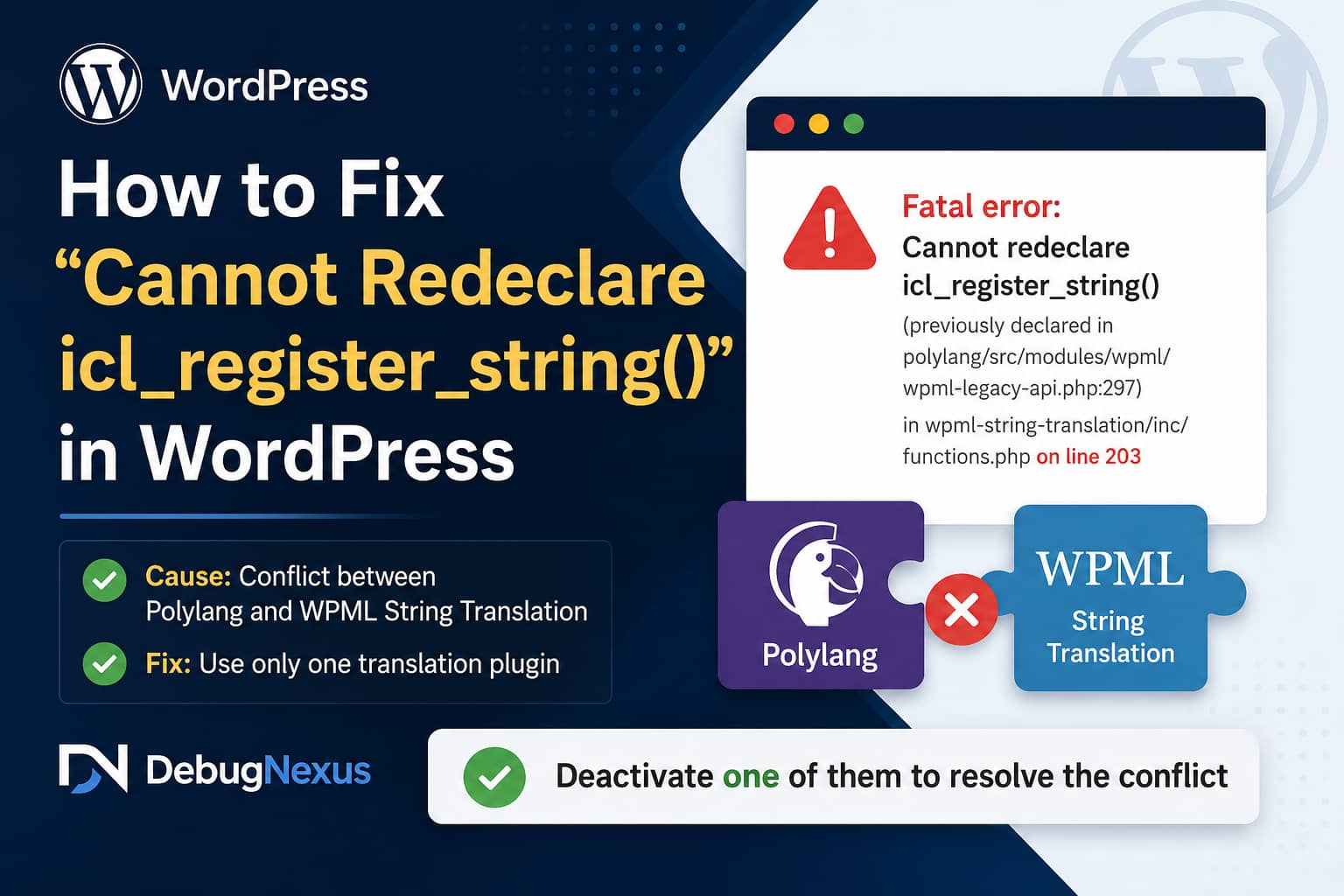 Cannot redeclare icl_register_string WordPress error