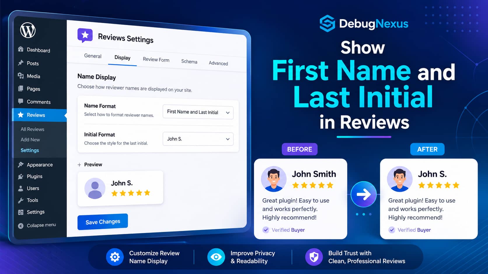 Changing reviewer name format to first name and last initial in Site Reviews