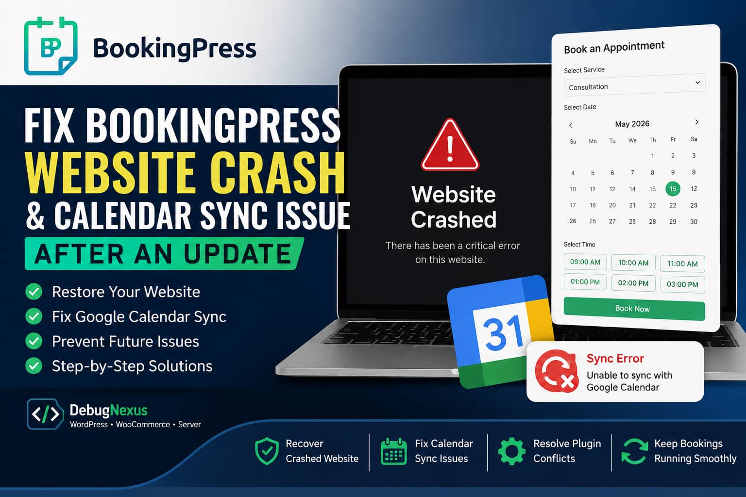 BookingPress website crash and calendar sync issue fix