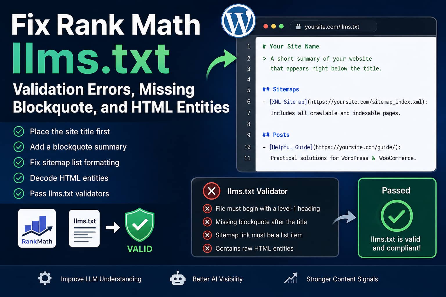 Fix Rank Math llms.txt Validation and HTML Entity Errors