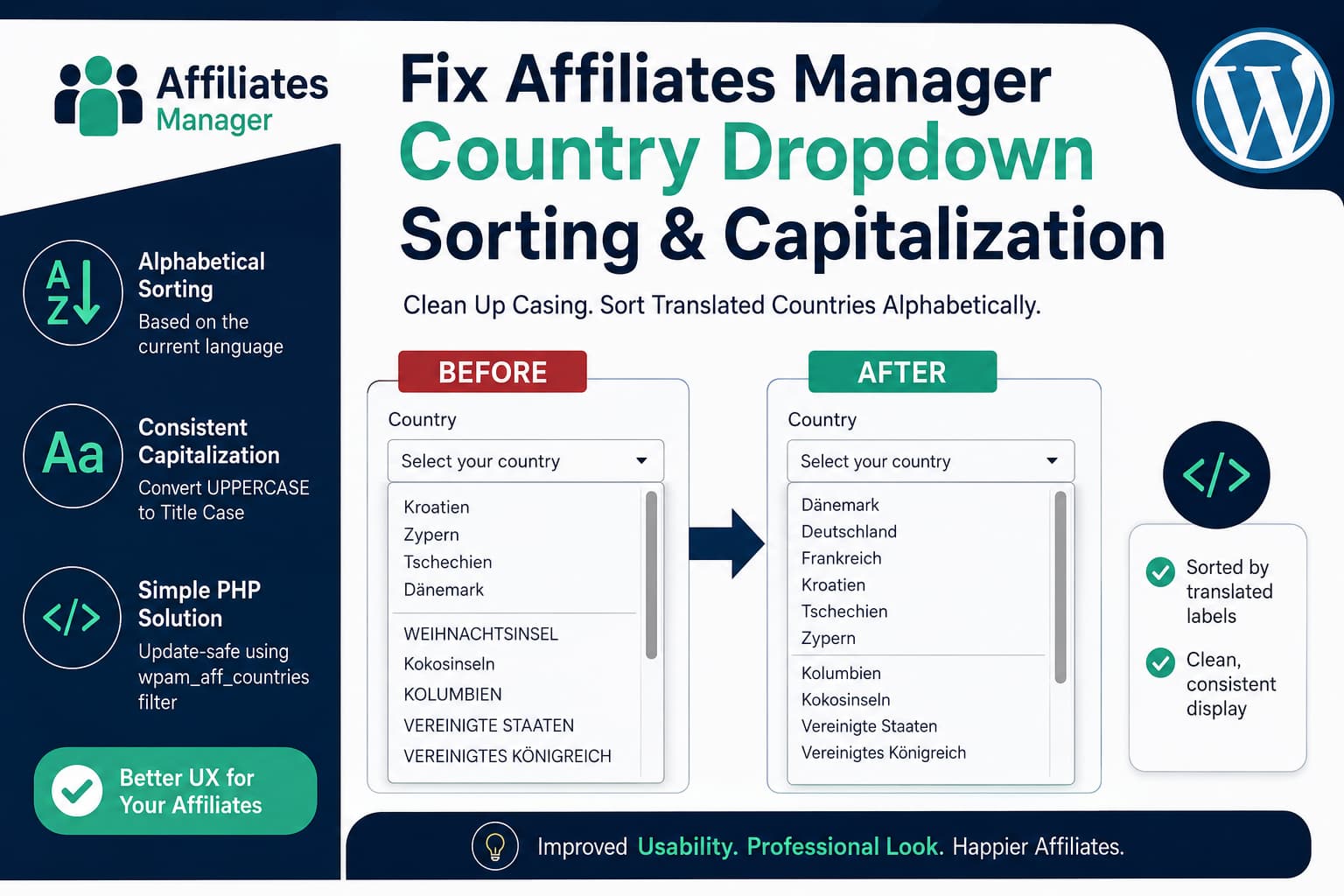 Fixing Affiliates Manager country dropdown sorting and capitalization in WordPress