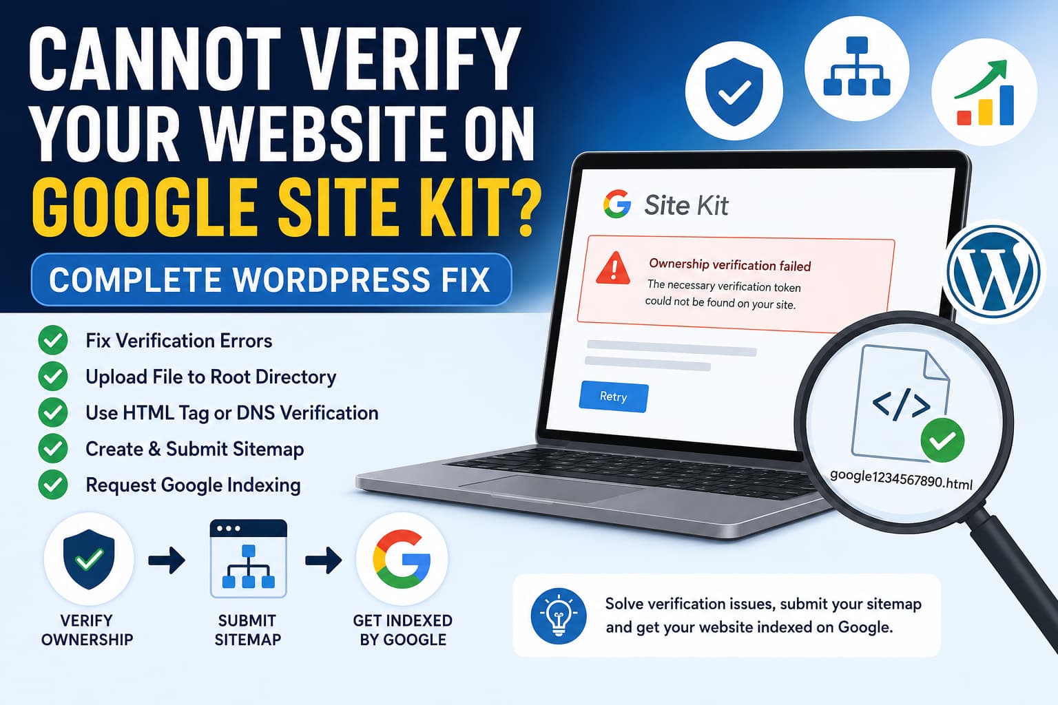 Google Site Kit website ownership verification failed in WordPress