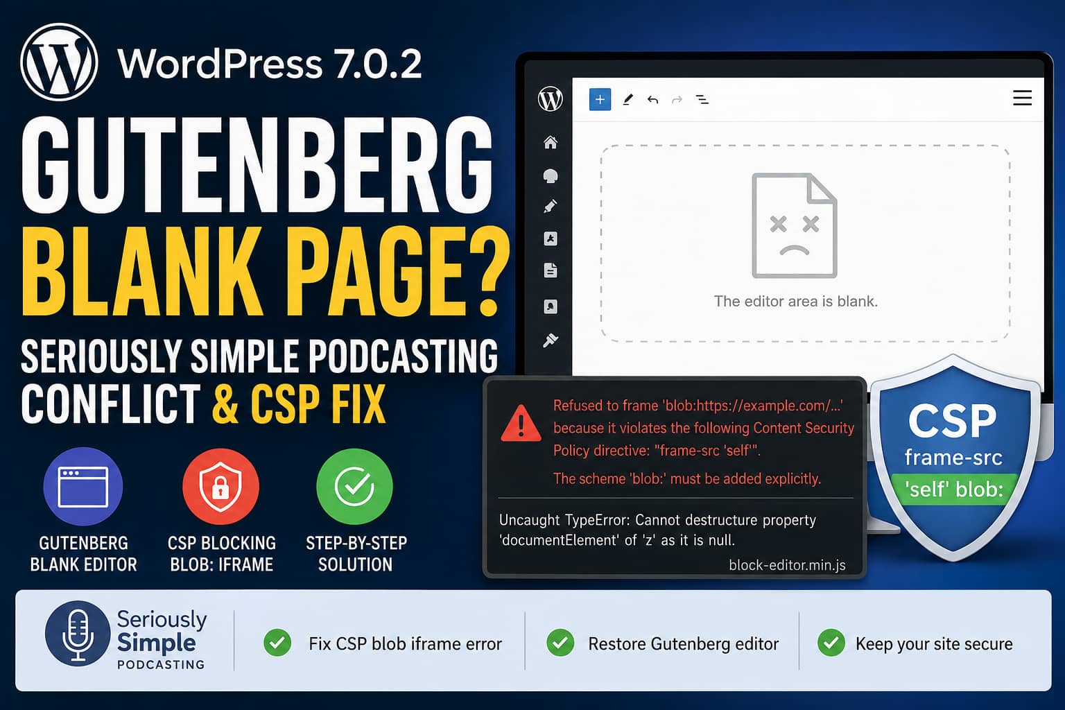 WordPress 7.0.2 Gutenberg blank editor caused by CSP blob iframe error
