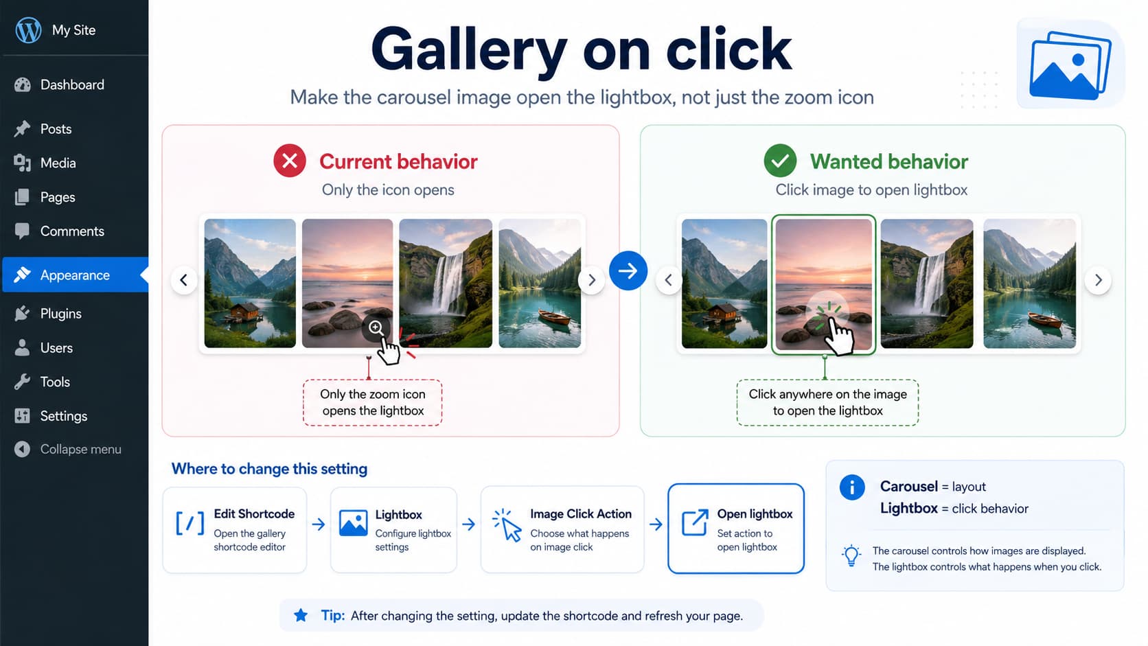 Photo Gallery by 10Web Carousel configured so clicking anywhere on a gallery image opens the lightbox instead of requiring the small enlarge icon.