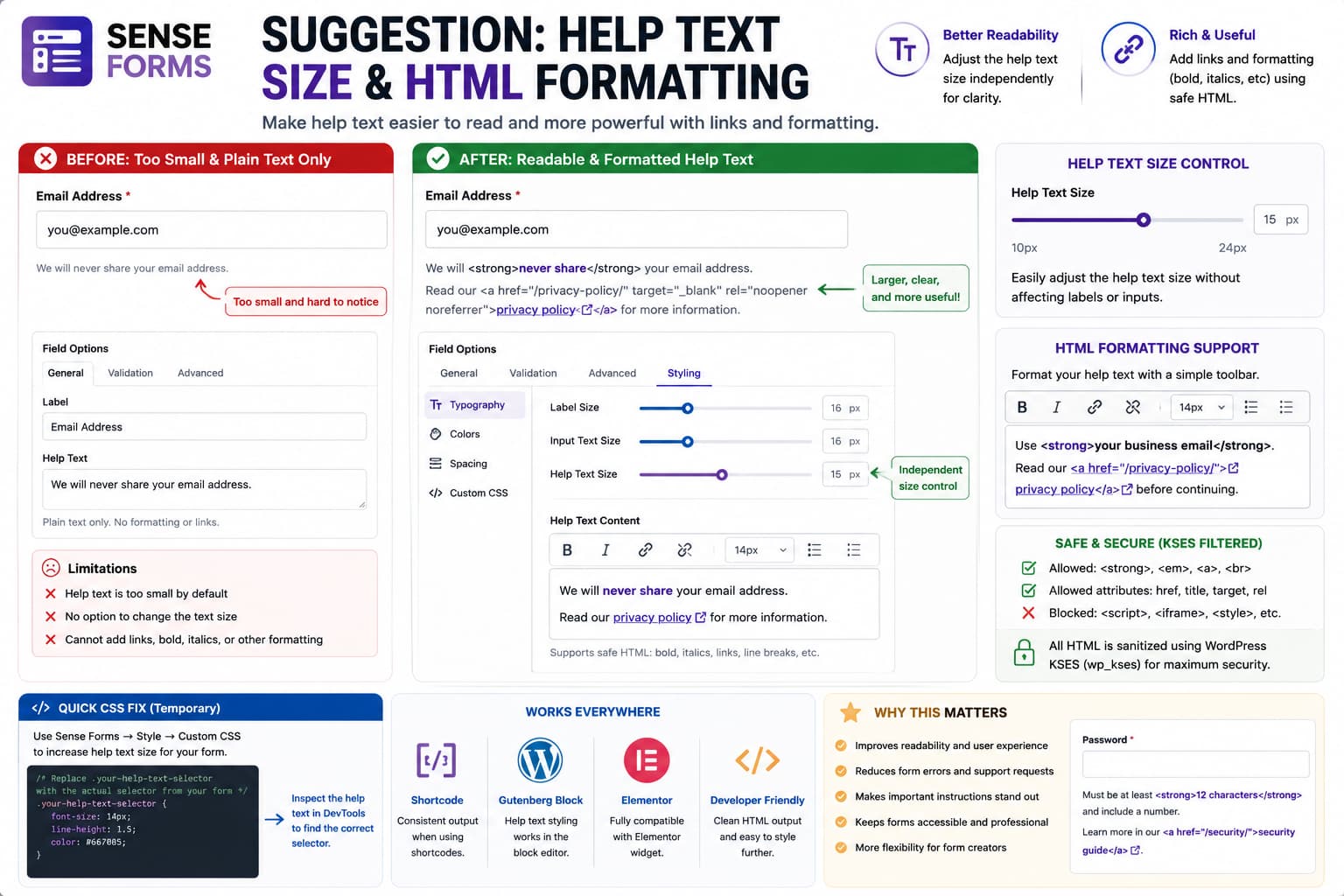 Sense Forms field help text enlarged with a font-size slider and safely formatted with bold, italics, and links while unsafe HTML is filtered.