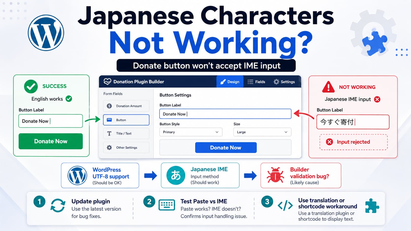 Charitable Campaign Visual Builder refusing Japanese characters in the Donate Now button text field despite WordPress Unicode support, with IME troubleshooting and translation workarounds.
