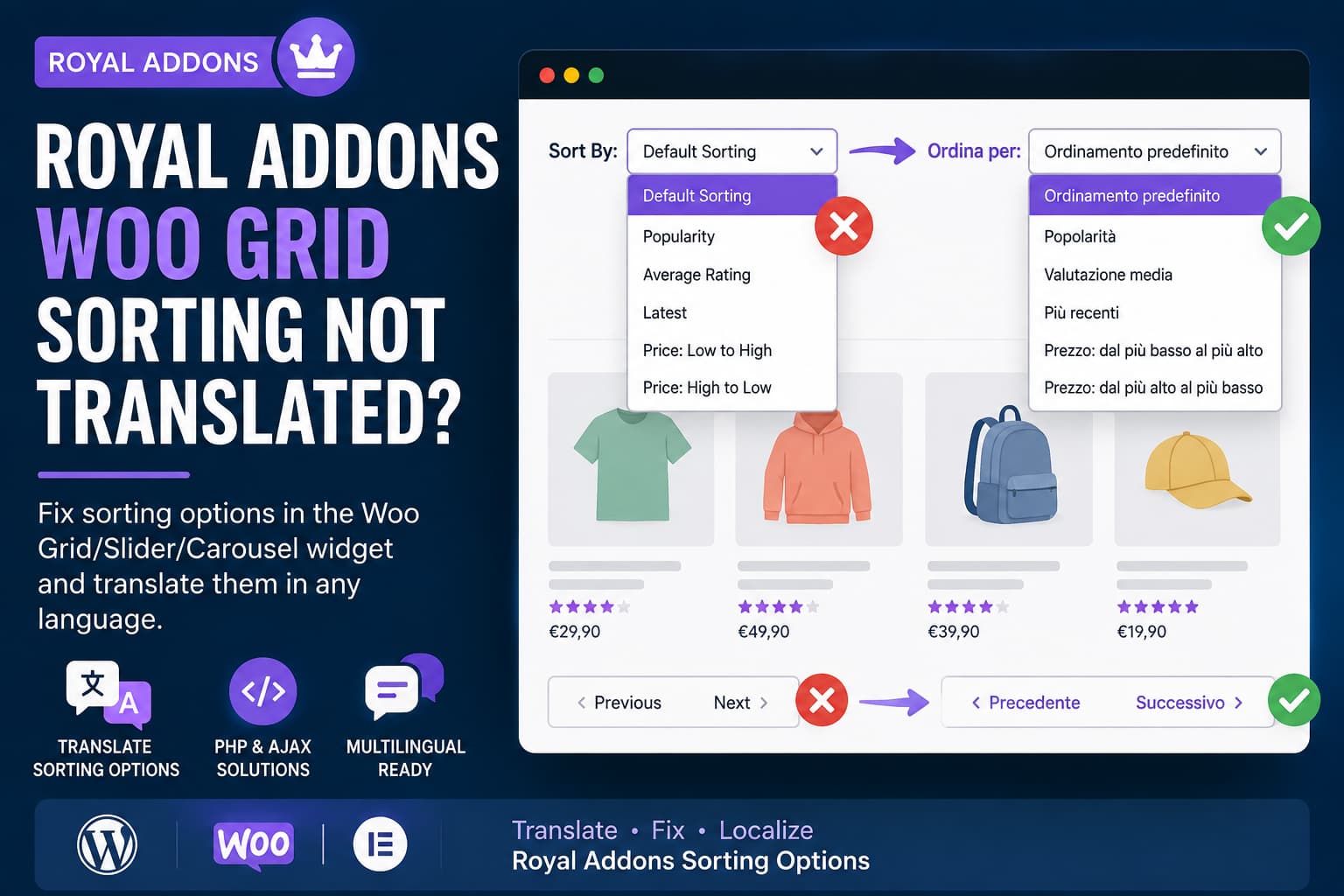 Royal Addons Woo Grid sorting options not translated in WordPress