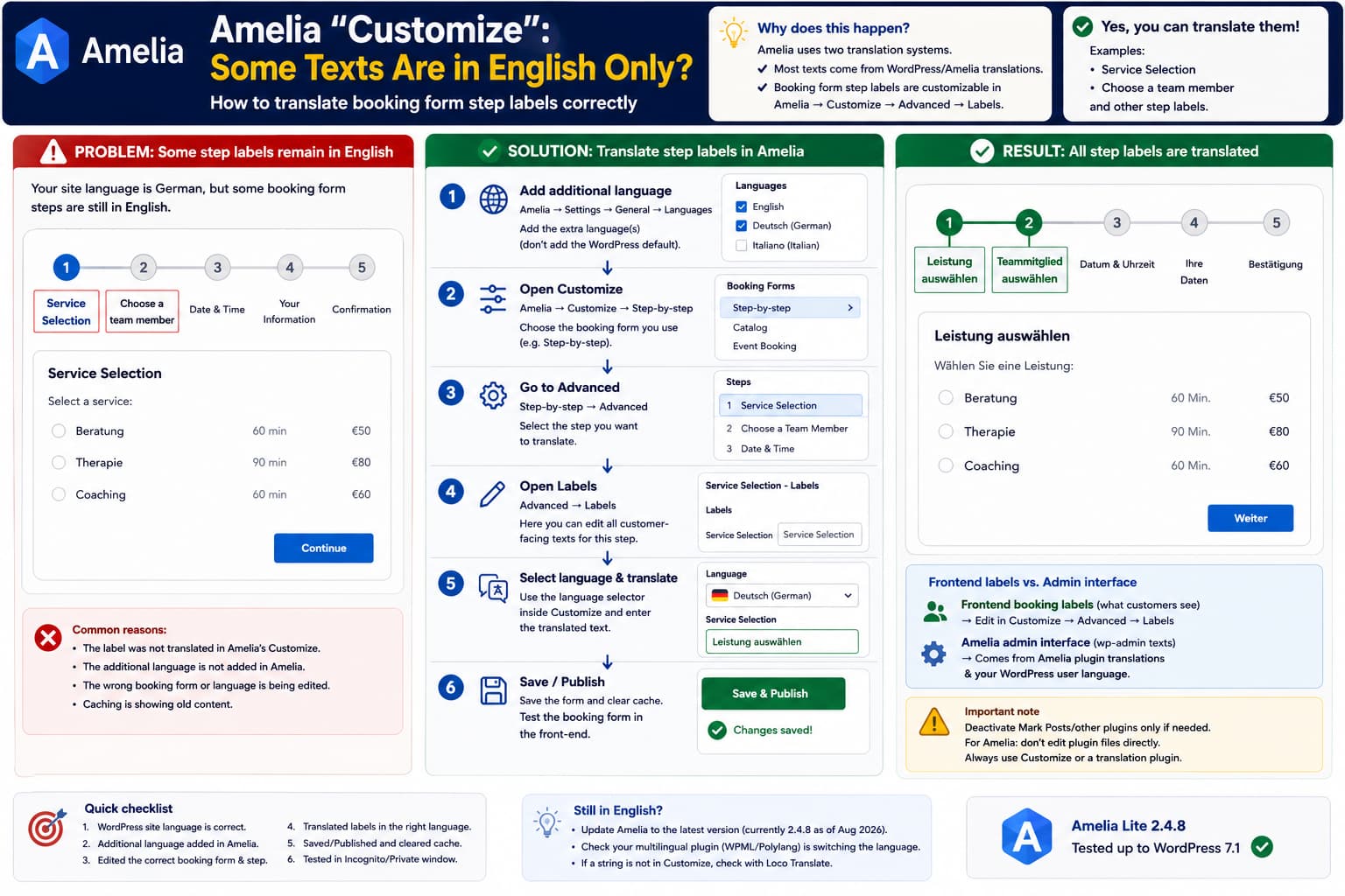 Amelia booking form with Service Selection and Choose a team member remaining in English, showing how to translate them through Customize Advanced Labels and the language selector.