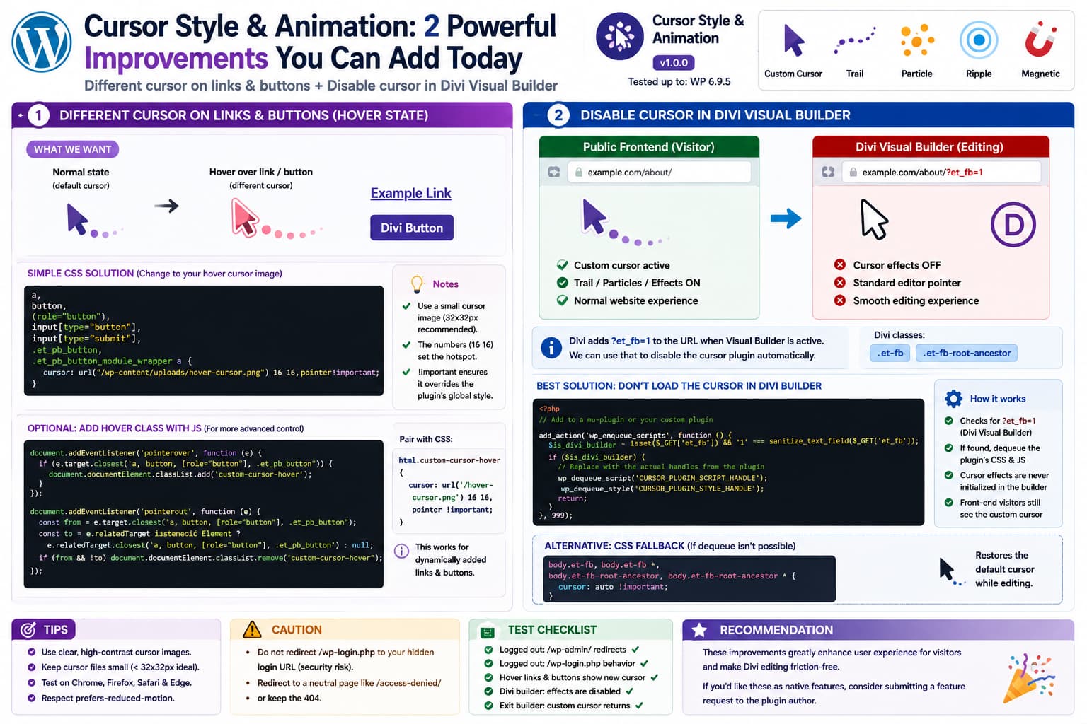 Cursor Style & Animation using a different custom cursor on link and button hover while automatically disabling custom cursor effects inside the Divi Visual Builder.