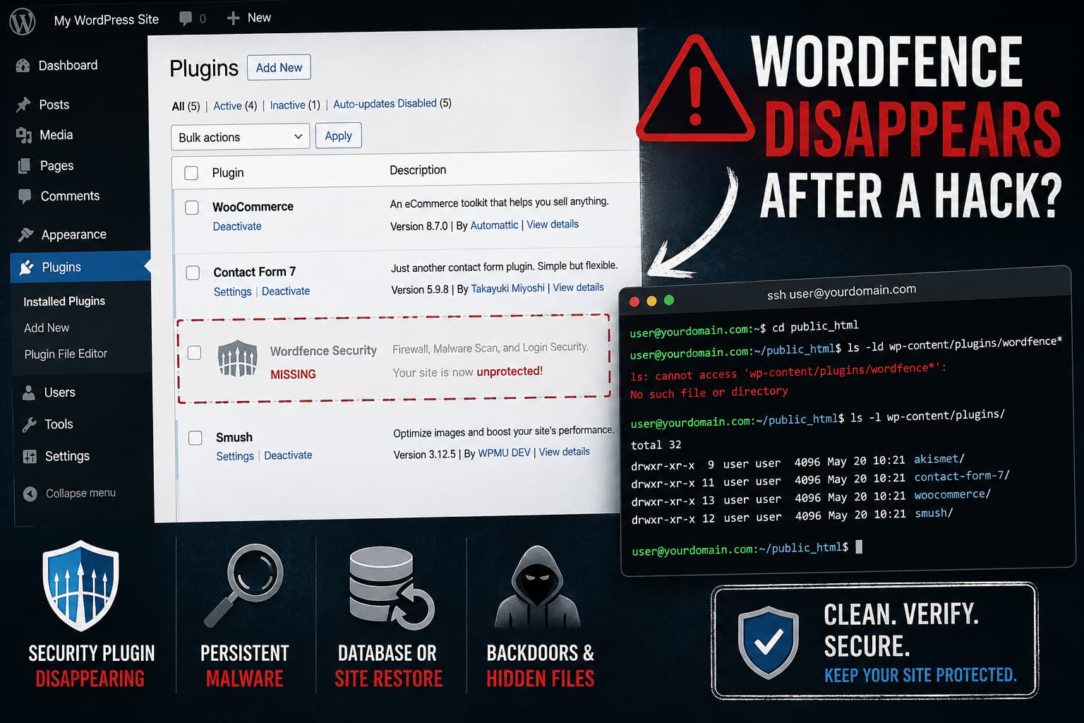 WordPress plugins screen showing the Wordfence plugin disappearing while a terminal checks the Wordfence plugin directory.