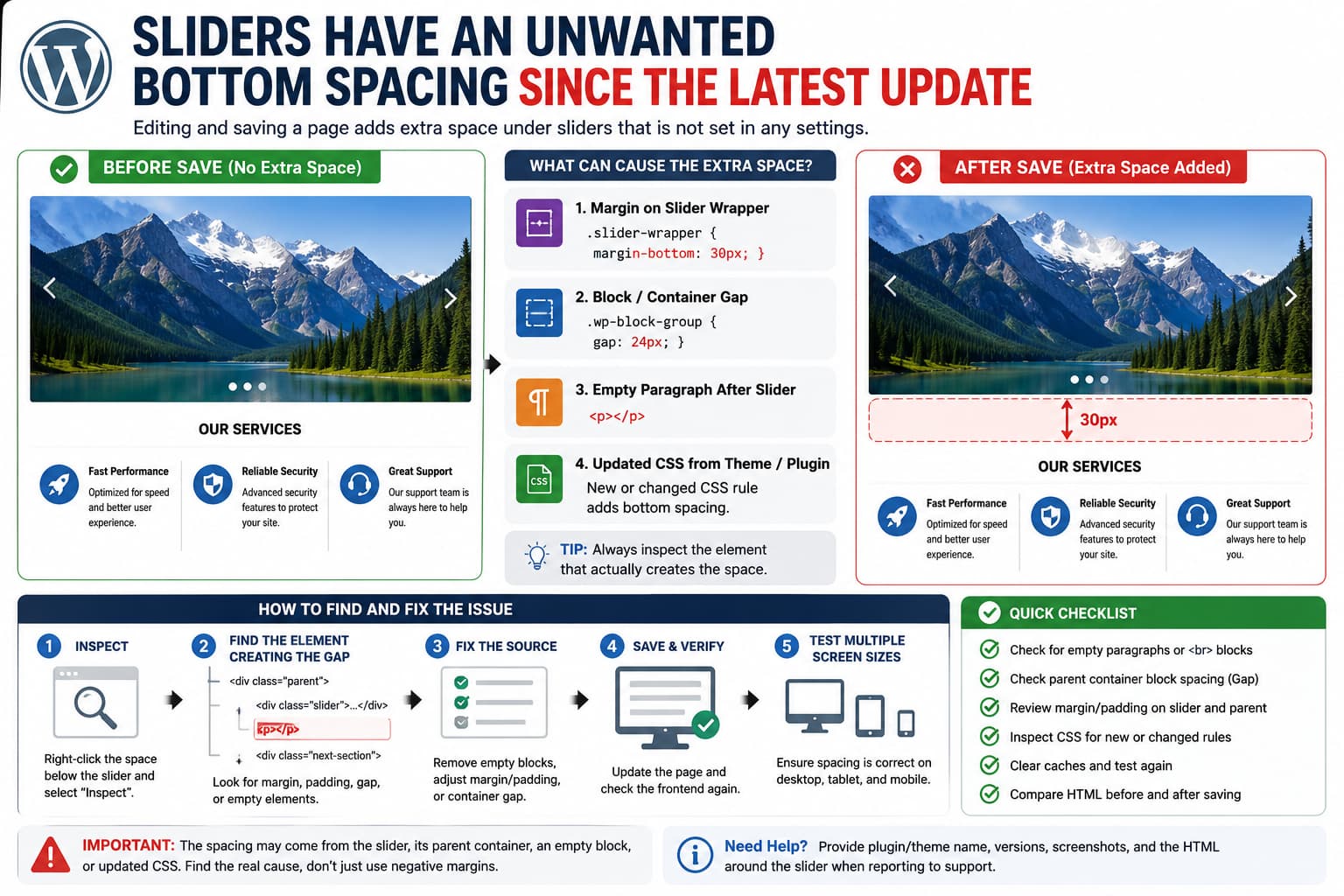 WordPress slider showing unwanted bottom spacing after saving a page, with DevTools identifying margin, block spacing, and empty paragraph causes.