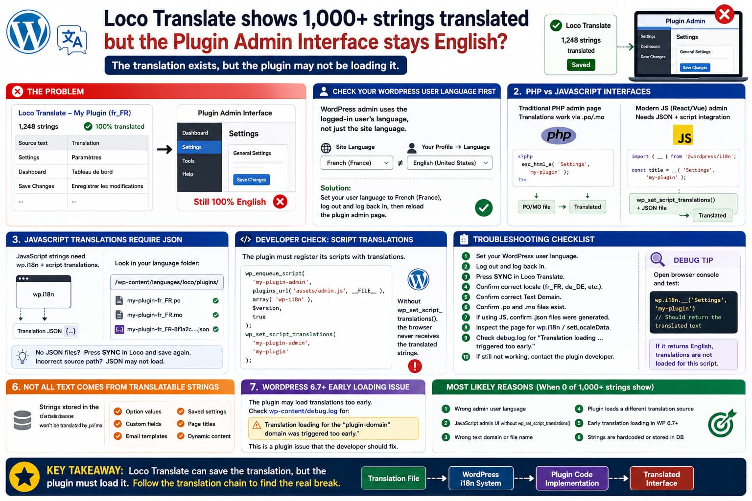 Loco Translate showing over 1,000 translated plugin strings while the WordPress admin interface remains English because the plugin's JavaScript translations are not being loaded.