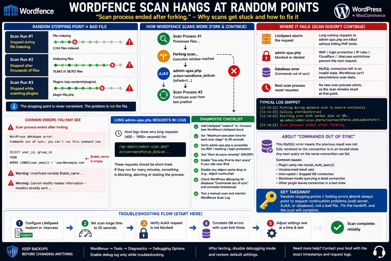 Wordfence scan hanging at random stages after a fork to admin-ajax.php, with LiteSpeed aborts and database Commands out of sync shown as possible causes.