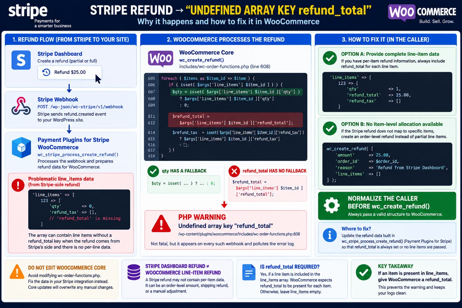 Stripe Dashboard refund webhook reaching Payment Plugins for Stripe WooCommerce with a line item missing refund_total, causing WooCommerce wc_create_refund() to generate an Undefined array key warning, with valid caller-side fixes shown.