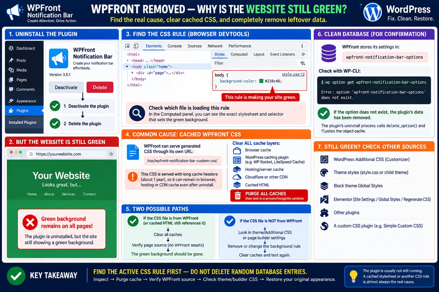 WordPress site staying green after WPFront Notification Bar is uninstalled, showing how cached WPFront custom CSS, page cache, theme CSS or page-builder styles can remain and how to verify the plugin database option has been removed.