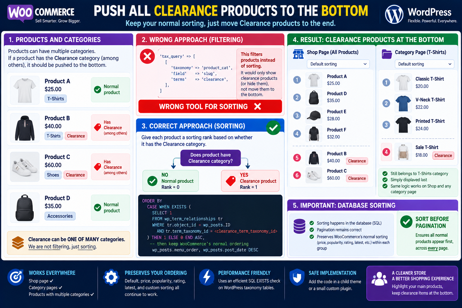 WooCommerce product sorting that places every product assigned to the Clearance category at the bottom of Shop and category listings even when Clearance is only one of several product categories.