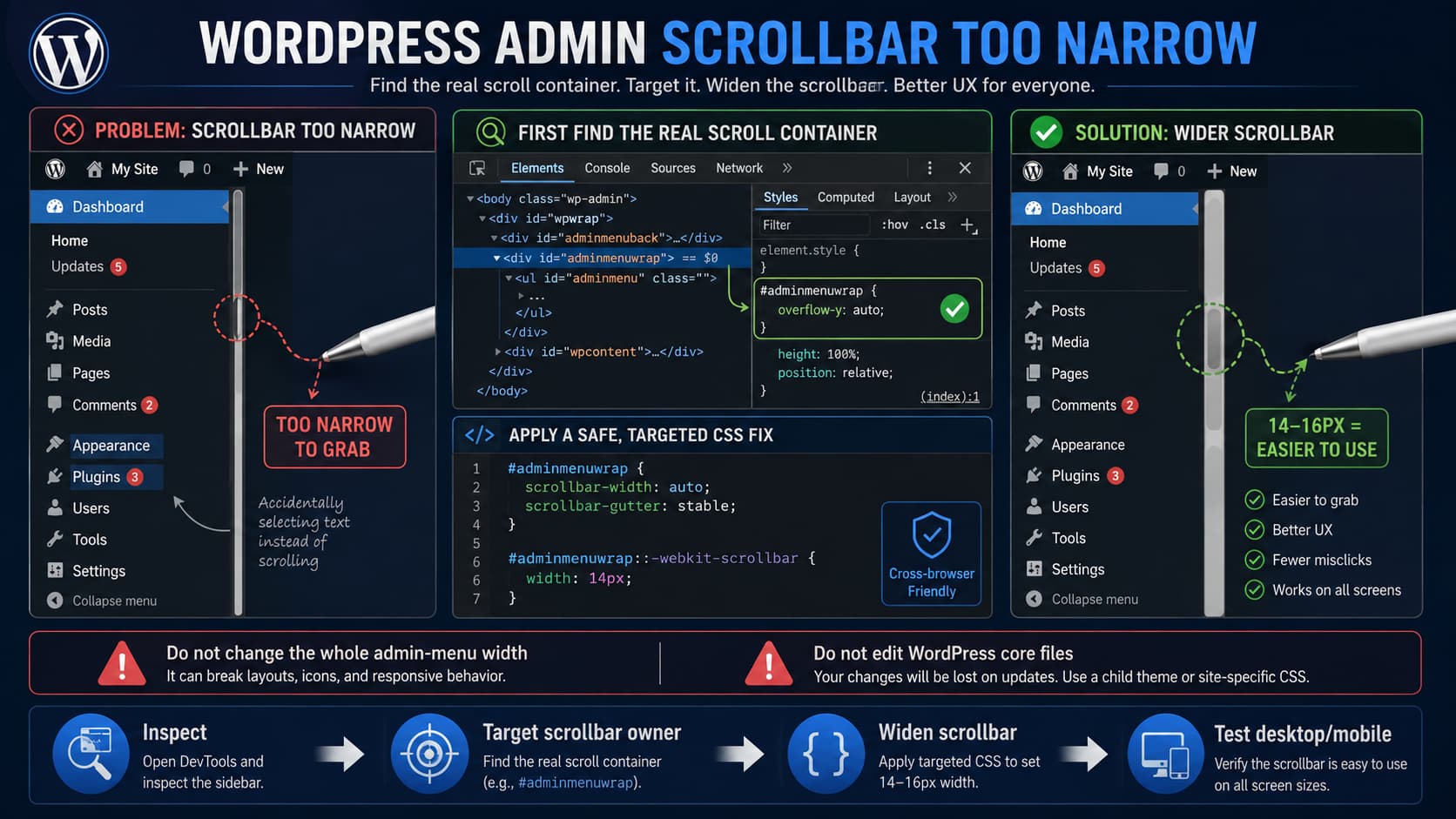 WordPress admin sidebar with a narrow scrollbar being widened to 14 pixels using CSS after identifying the correct scrolling element in Developer Tools.