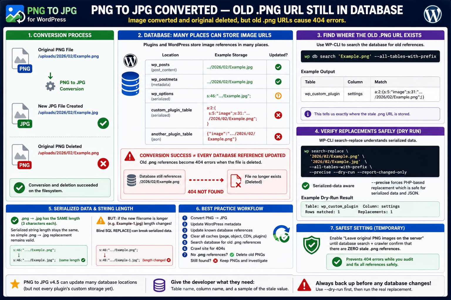 PNG to JPG converts and deletes a WordPress PNG file while a serialized or custom database table still references the old .png URL, causing a 404 and requiring a WP-CLI database search.