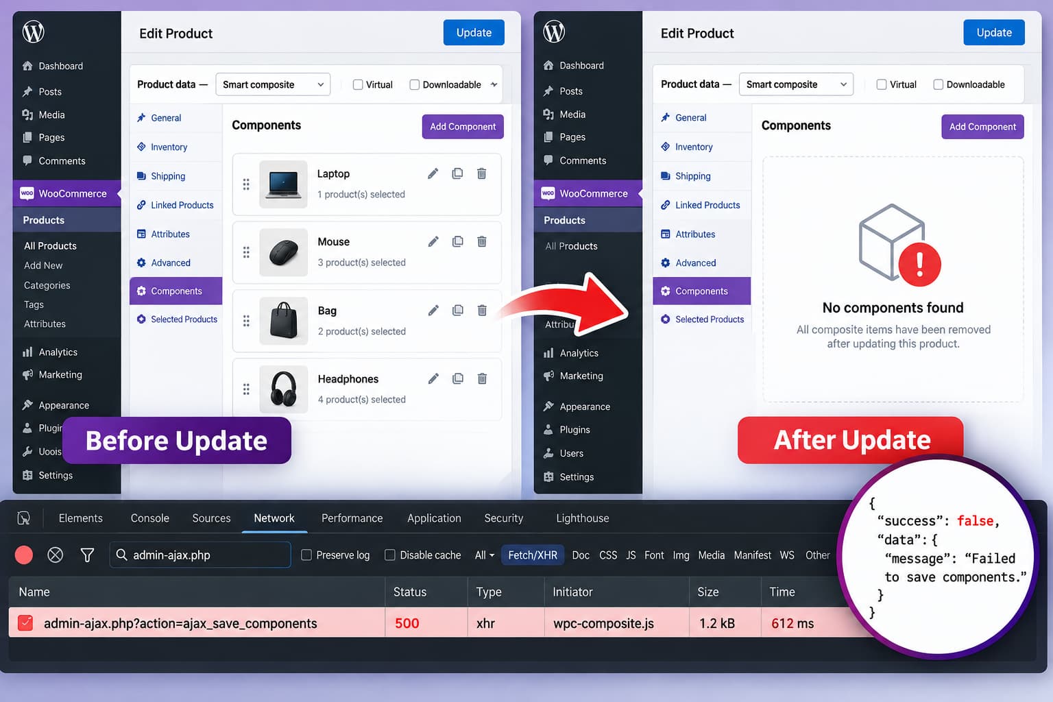 WooCommerce WPC Composite Products editor showing configured components disappearing after the product is updated.