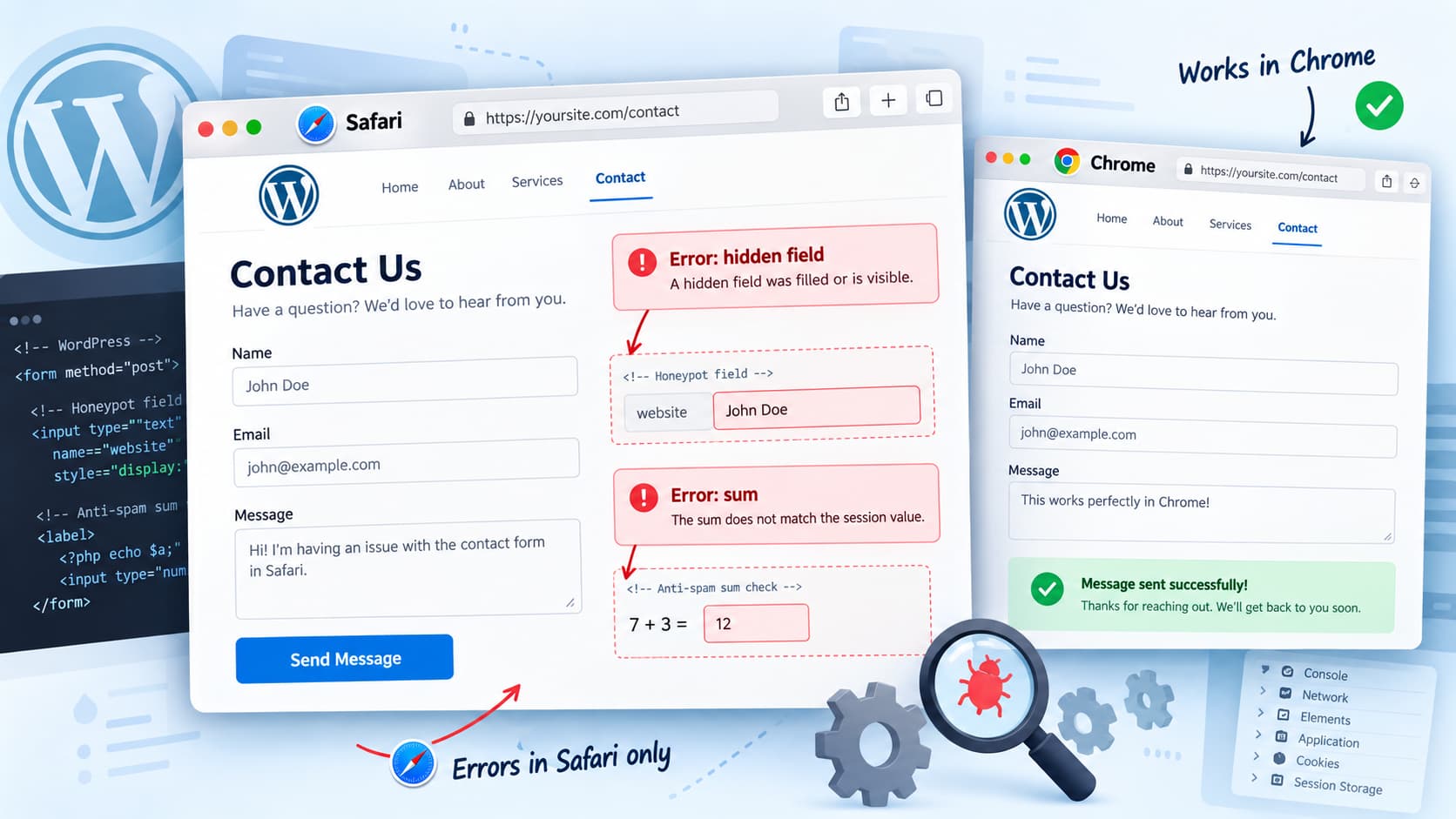 WordPress VS Contact Form in Safari showing hidden-field and sum validation errors while the same form works in Chrome.